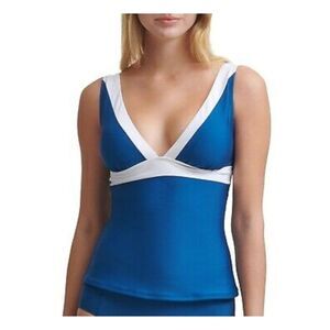 DKNY Women's Blue Removable Soft Cups Deep V Neck Tankini Swimsuit Top XS